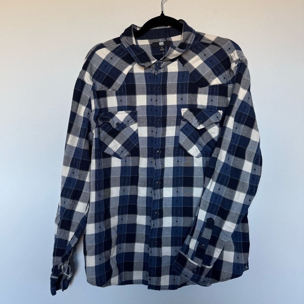 Frye Men's Navy Plaid Checkered Long Sleeve Winter Shirt 100% Cotton Size XL